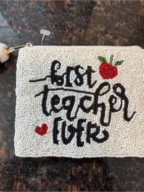 Source Unknown White Beaded 'Best Teacher Ever' Pouch with Red Apple